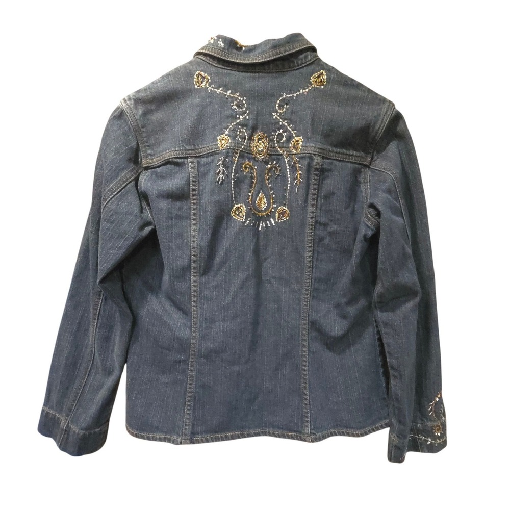 Chico's Women's Blue Denim Beaded Sequin Embroidered Jacket Dark Wash Size 0 S - Picture 3 of 8